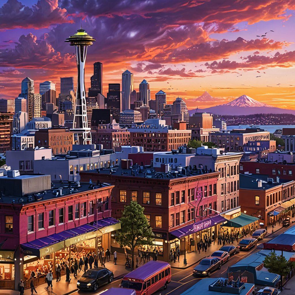 A bustling Seattle skyline at sunset, with iconic landmarks like the Space Needle and Pike Place Market, overlaid with headlines and news updates in dynamic text bubbles. People on the streets engaged with their devices, showcasing a vibrant urban life. The scene conveys the essence of staying informed and connected with local happenings. semi-realistic. vibrant colors. 3D.