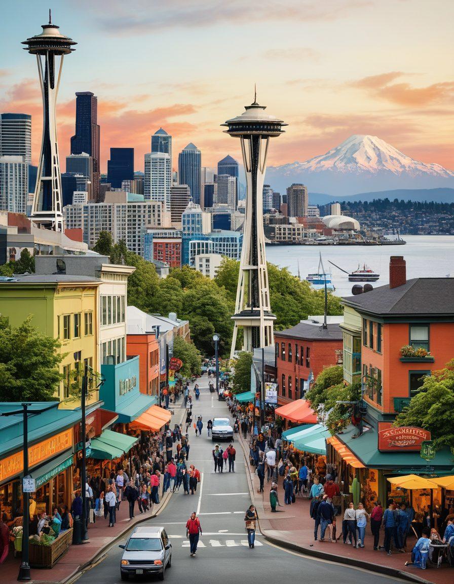 A collage showcasing Seattle's iconic landmarks such as the Space Needle and Pike Place Market, interspersed with vibrant community scenes featuring diverse people engaging in local events, marine life, and nature surrounding the city. Incorporate elements of news storytelling like newspapers and digital devices, symbolizing comprehensive coverage. The scene should be lively and colorful, encapsulating the essence of the community spirit of Seattle. super-realistic. vibrant colors. white background.