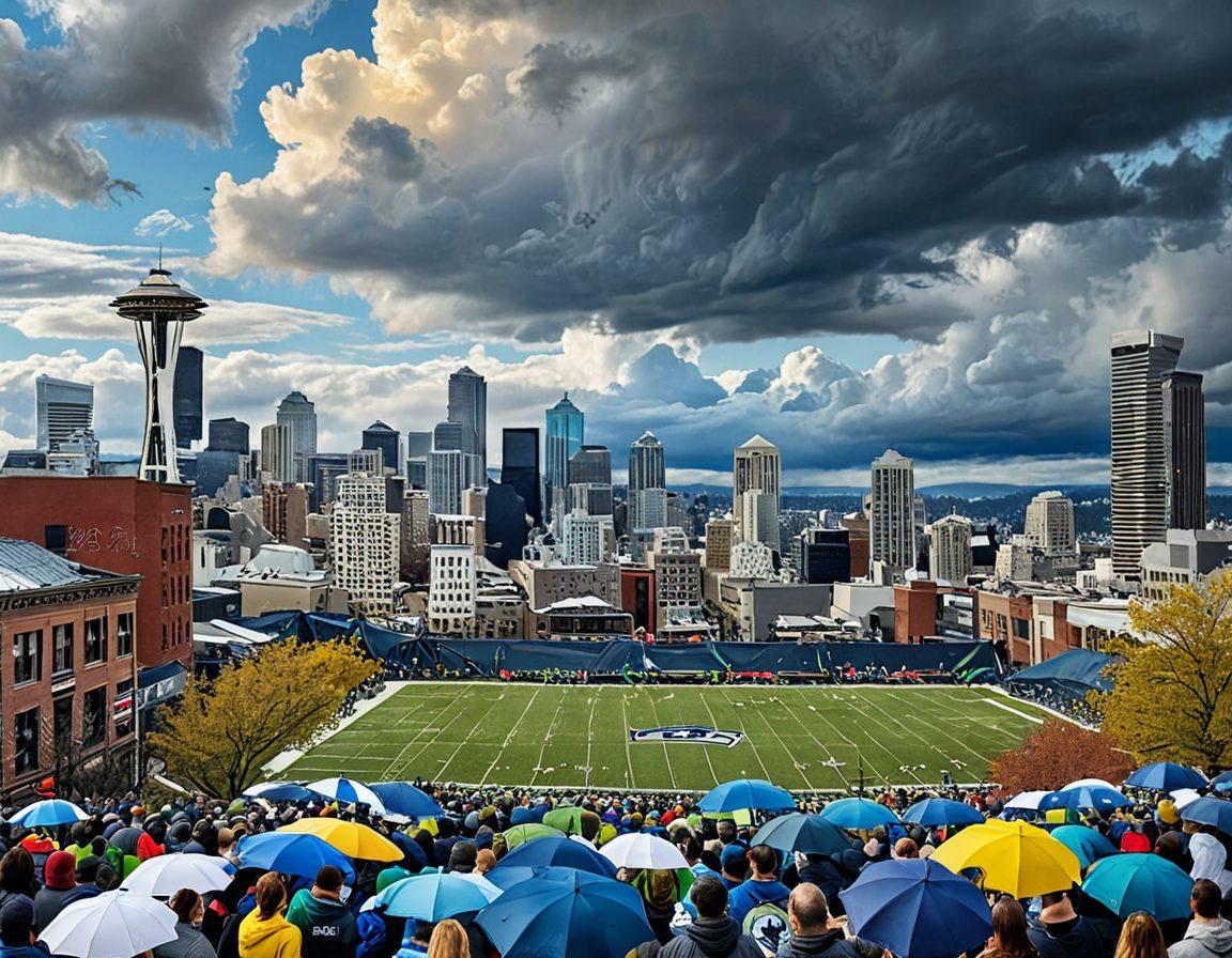 A dynamic collage showcasing Seattle's iconic skyline under a partially cloudy sky, layered with images of Seattle's sports events like cheering fans at a Seahawks game, and bustling street scenes from local events. Integrate a weather icon depicting various conditions, like sunshine and rain, to symbolize Seattle’s unpredictable weather. Bright color contrasts to capture excitement and energy. modern art style. vibrant colors.